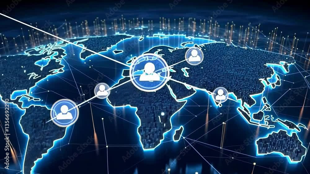 Poster futuristic video concept of global digital connections. top-down angle shows a glowing world map wit