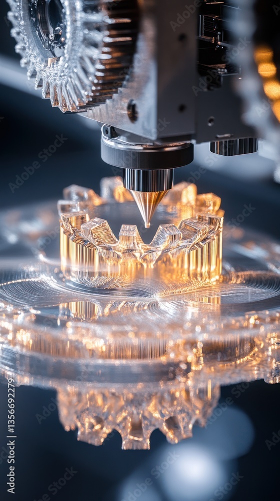 Poster close-up of 3d printer creating transparent gear.