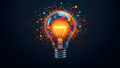 Creative Light Bulb with Colorful Abstract Paint Splashes on Dark Background

