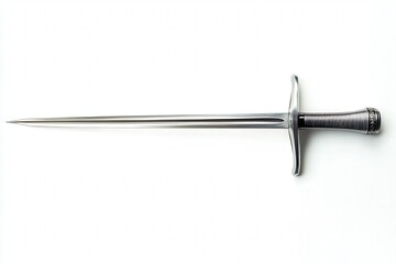 Elegant steel sword with intricate handle design on white background.