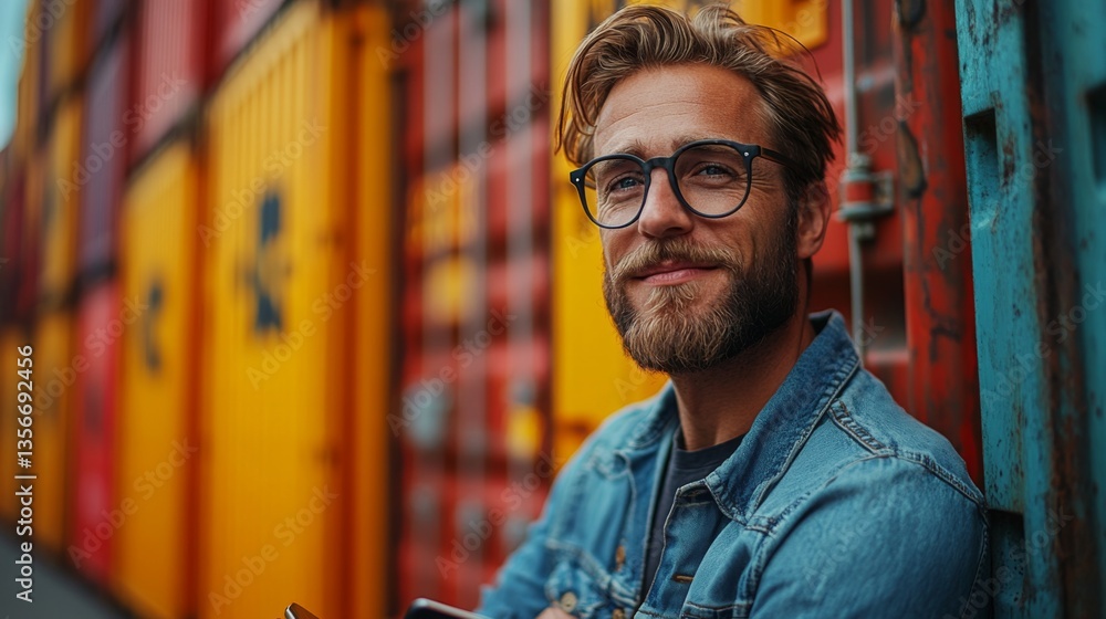 Poster a man with glasses and a beard sits relaxed against colorful shipping containers. the atmosphere ref