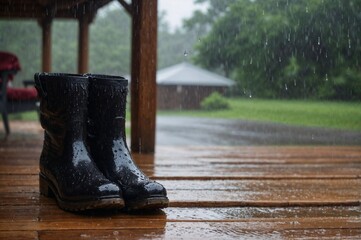 Pair of black rubber boots on wooden porch during heavy rain