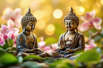 Obraz premium Two golden Buddha statues in meditative poses, surrounded by green leaves and pink flowers, set against a warm glowing background. Concept of spirituality. Ai generative