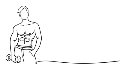 Man is a narcissist, admires himself on white background. Line art drawing. Sport guy asian model. Vector illustration