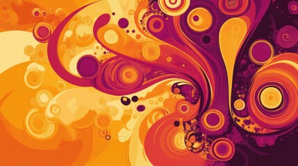 Abstract swirling orange and purple design with circles and dots.
