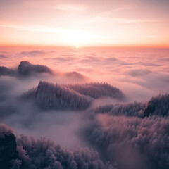 Ethereal Mist A Dreamlike Aerial View of Sunrise Over Mountains Surreal Sunrise A High-Angle View of Foggy Mountain Peaks