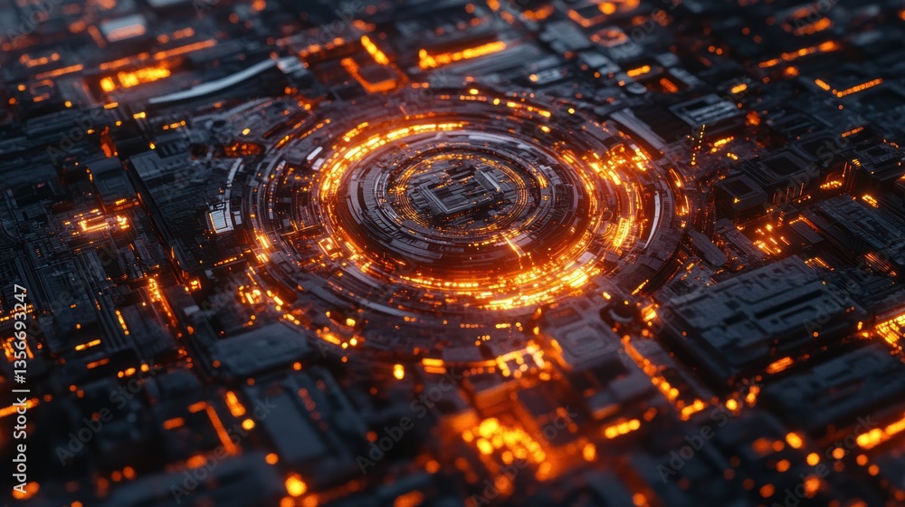 Aufkleber abstract 3d rendering of a futuristic technological circuit board with glowing orange energy core.