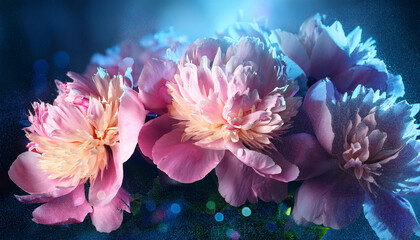 Dramatic Pink Peonies Bouquet with Neon Light and Sparkly Bokeh on Dark Background. Generated AI