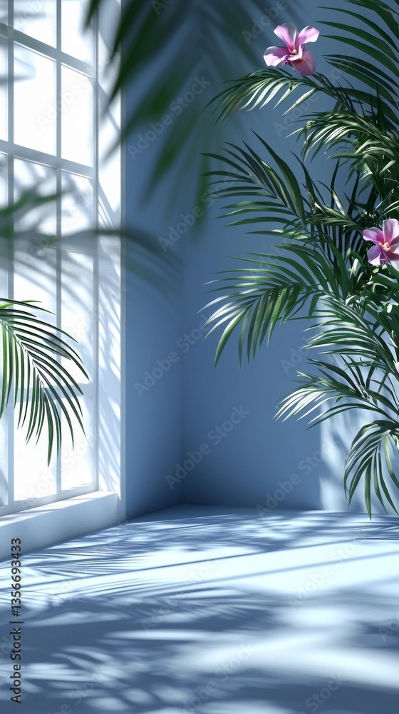 Poster sunlight streams through large windows, illuminating lush green leaves and a singular pink flower. s