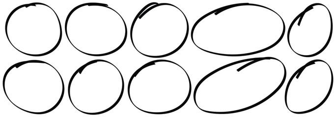 Hand drawn circle highlighter set. Marker scratch scribble in rounder. Handwritten red circle For marking text, numbers, marker pen, pencil, logo, hand-drawn doodle grunge circle highlights.