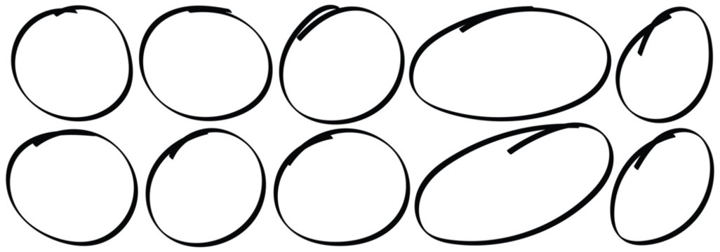 Hand drawn circle highlighter set. Marker scratch scribble in rounder. Handwritten red circle For marking text, numbers, marker pen, pencil, logo, hand-drawn doodle grunge circle highlights.