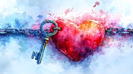 Chained heart, watercolor, key, love, abstract background