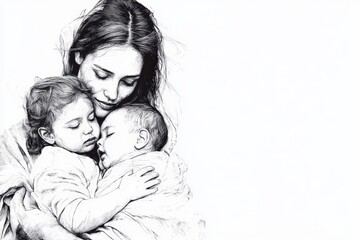 Loving mother embracing her two sleeping children in black and white line art drawing