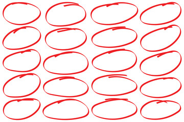 Highlight hand drawing different circles isolated on the transparent background. Red circle, pen draw. Handwritten red circle. For marking text, numbers, marker pen, pencil, logo and text check, vecto