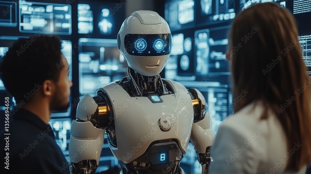 Aufkleber a humanoid robot interacts with two people in a high-tech environment filled with screens and digita