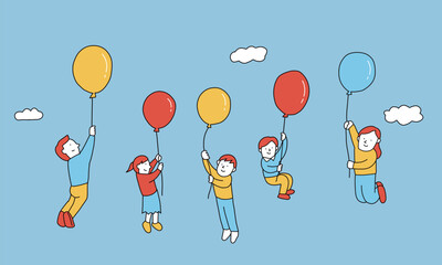 風船につかまって上昇する家族のイラストレーション