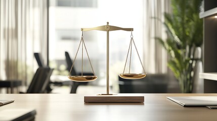Golden Scale of Justice on Wooden Desk in Office Setting