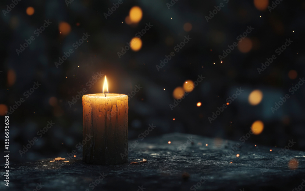 Poster A single candle flickering softly in the darkness, casting an ethereal glow on its surroundings. The background is dark and moody with soft bokeh lights creating a dreamy atmosphere.