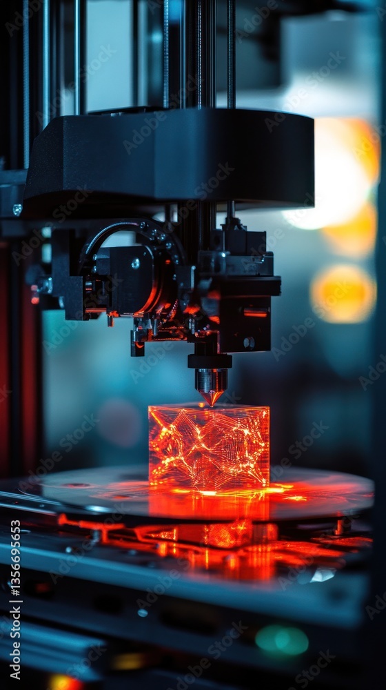 Poster close-up of 3d printer creating a red translucent cube.