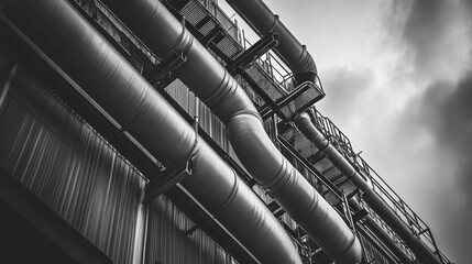 Naklejka premium Monochromatic low-angle view of large industrial pipes against a cloudy sky.