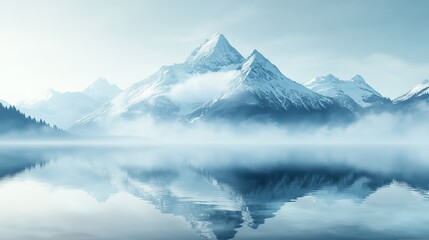 Fototapeta premium Majestic Mountain Range Surrounded by Tranquil Lake and Enveloping Fog Creating a Serene Atmosphere