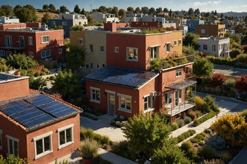 Fototapeta premium Modern Sustainable Residential Community with Solar Panels and Green Roofs