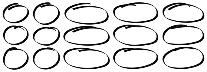 Hand drawn circle highlighter set. Marker scratch scribble in rounder. Handwritten red circle For marking text, numbers, marker pen, pencil, logo, hand-drawn doodle grunge circle highlights.