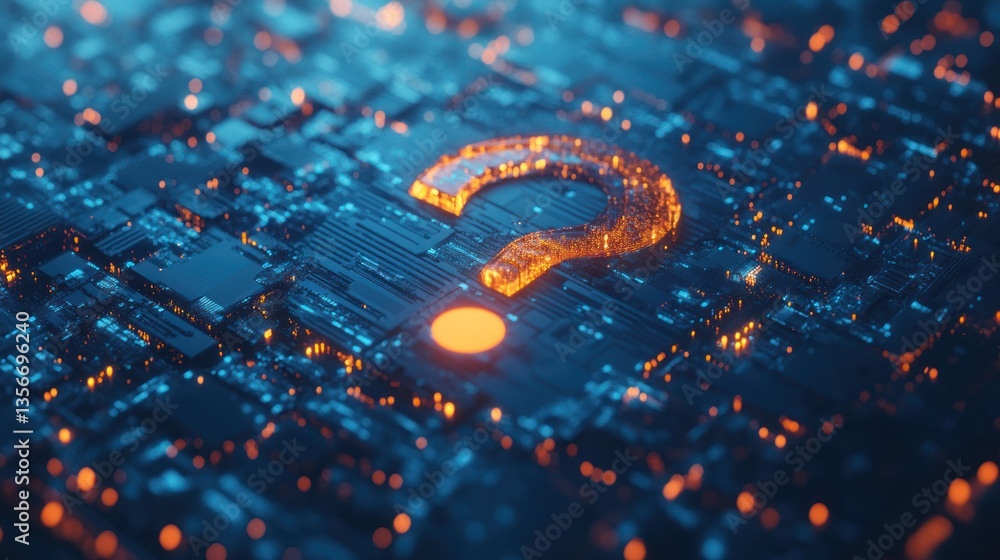 Aufkleber glowing question mark on a circuit board, representing technological uncertainty or questions about 