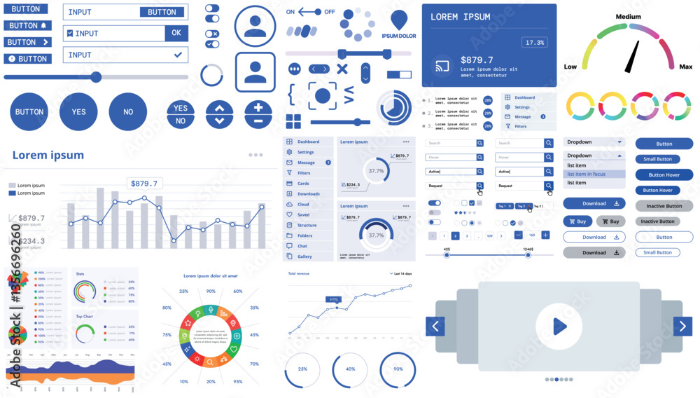 Wall mural a modern interface kit with buttons, graphs, and elements for creating web applications and dashboar