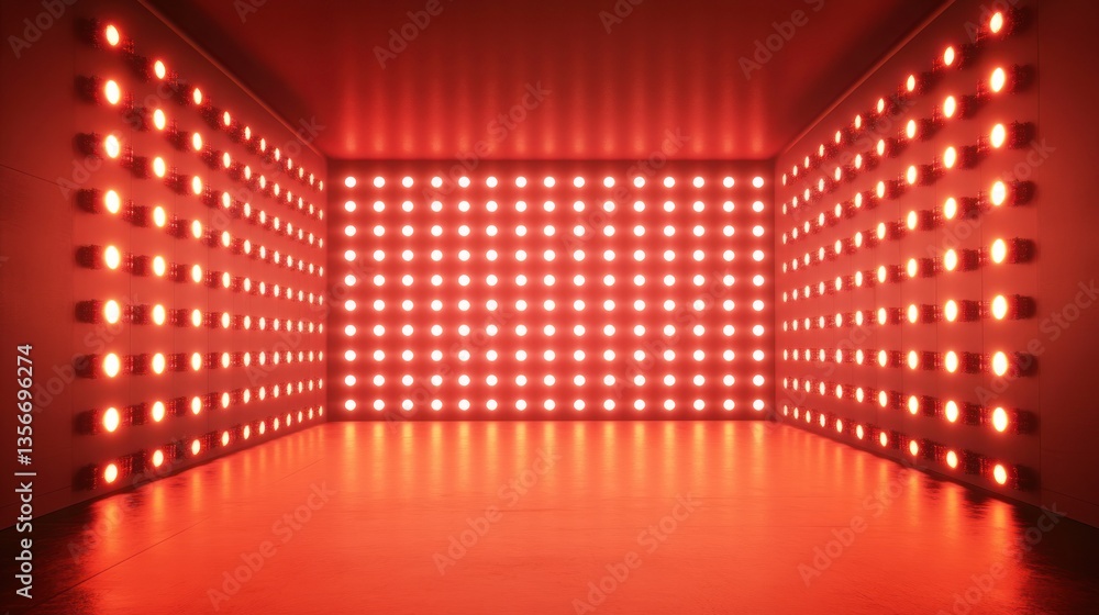 Poster Red light illuminated empty room with grid of lights on walls.