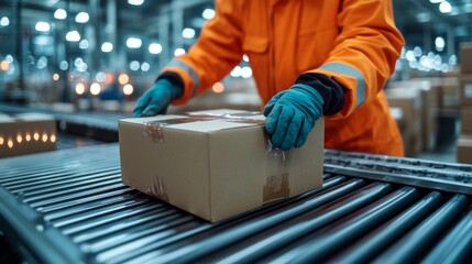 A worker in an orange jacket, carefully places a sealed box onto a conveyor belt for efficient processing in a busy logistics facility during operational hours.