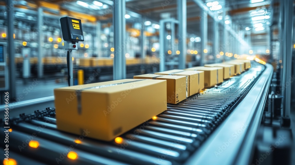 Poster Packages are smoothly transported on conveyor belts in a state of the art warehouse setting. The environment supports high volume logistics and efficient inventory management.