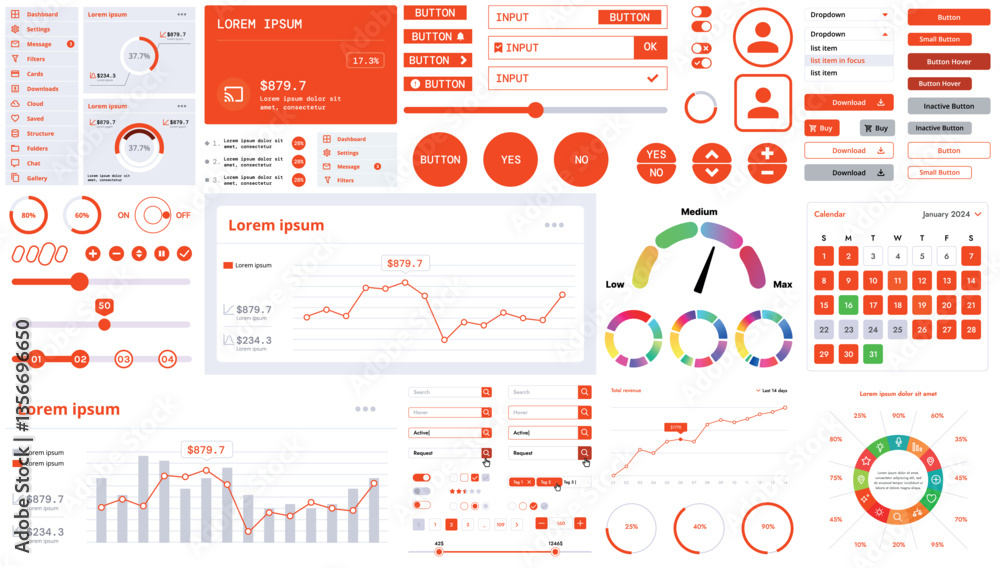 Poster a modern interface kit with buttons, graphs, and elements for creating web applications and dashboar