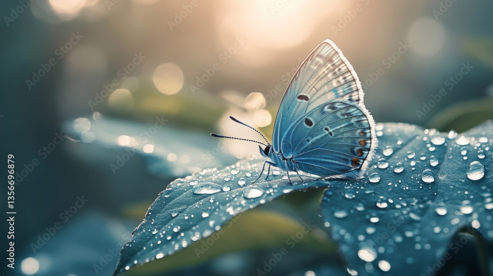 Poster a blue butterfly resting on a leaf covered in dewdrops, illuminated by soft natural light.