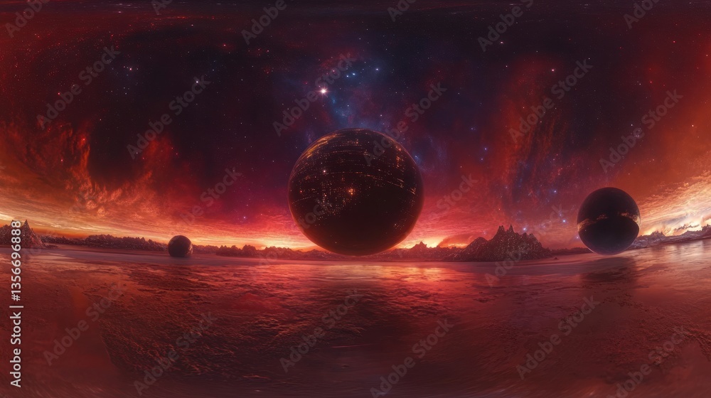 Poster red alien planet landscape with two moons and nebula in a 360? view.