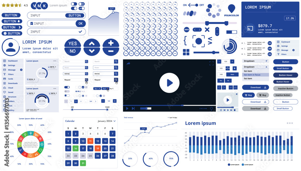 Wall mural a modern interface kit with buttons, graphs, and elements for creating web applications and dashboar