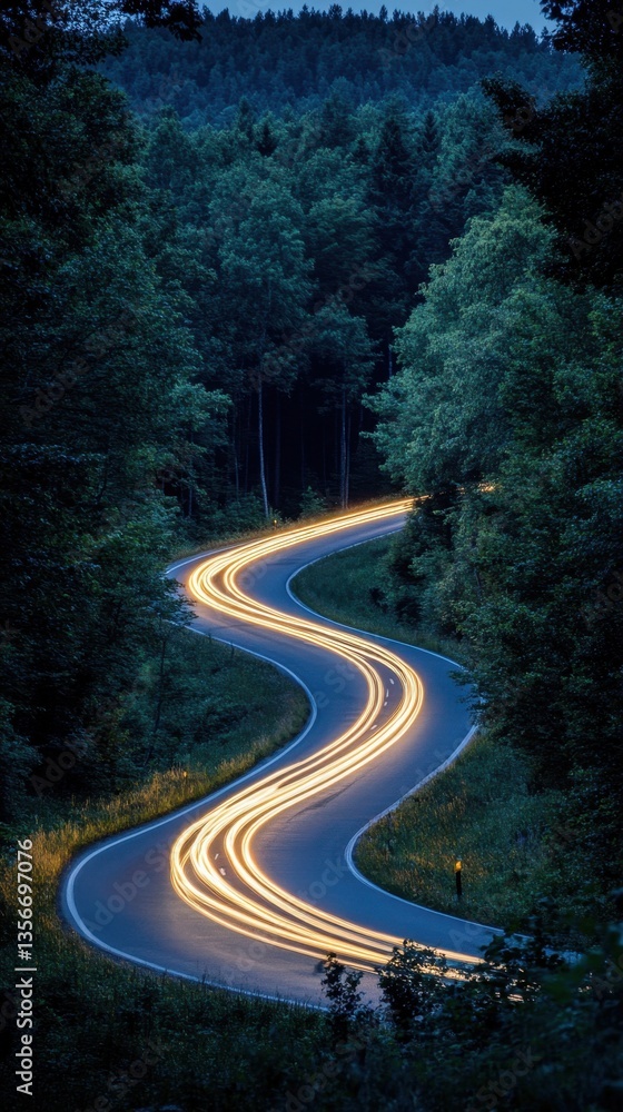 Poster serpentine road winding through a dense forest at twilight with blurred car lights creating a dynami