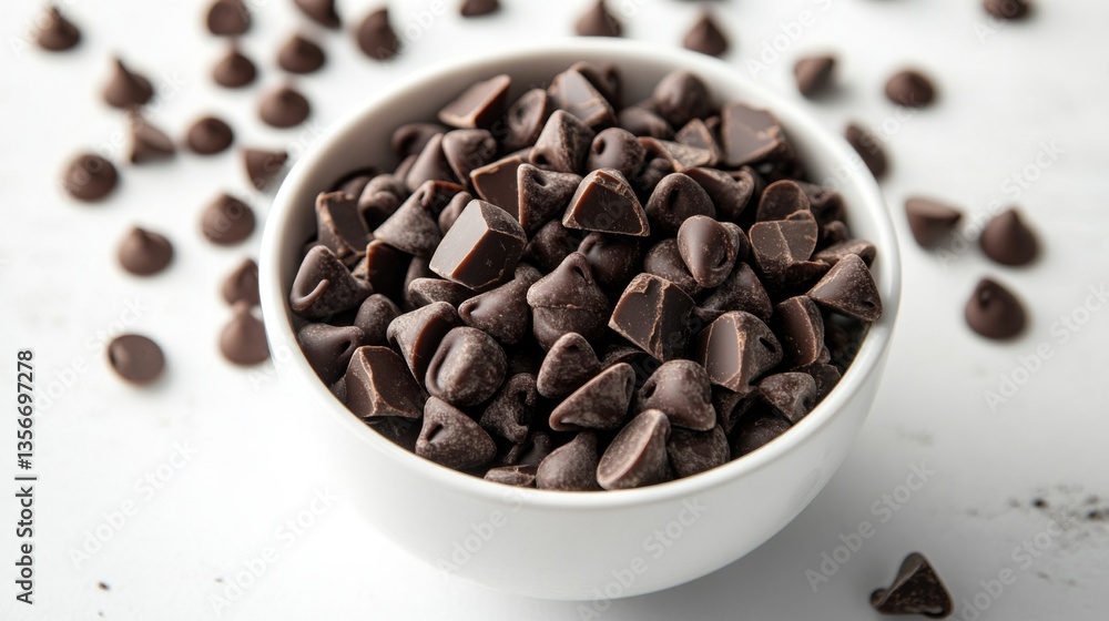 Poster a bowl of chocolate chips and chunks on a white countertop, ready for baking or snacking, showcasing