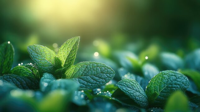 Mint Leaves in Dew: Delicate mint leaves glistening with morning dew under soft, natural light. Capturing the freshness and vitality of nature.