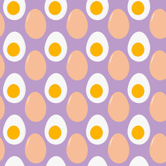Whole beige Half boiled peeled egg with yolk Seamless Pattern on trendy lavender Egg Day Background