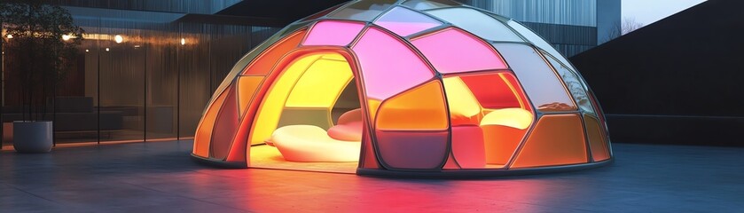 Colorful illuminated dome structure in modern urban setting at twilight.