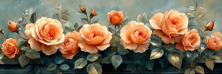 Fototapeta premium Elegant Artistic Floral Design Displaying Vibrant Roses and Swirling Leaves