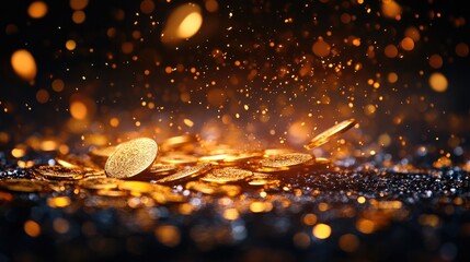 Golden Coins: A glittering heap of gold coins sparkles against a blurred dark backdrop, evocative of wealth and treasure.