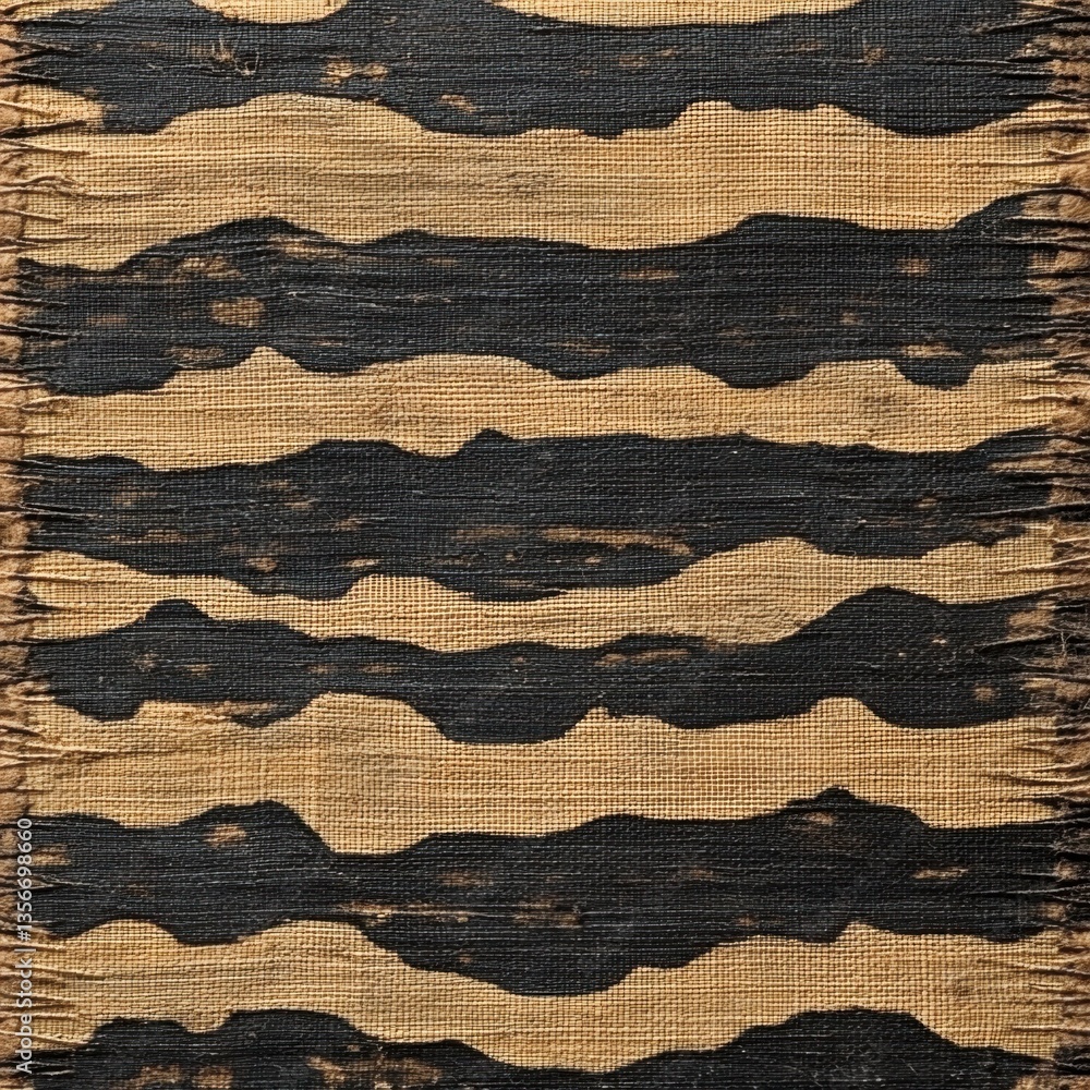 Poster abstract wavy pattern on rough burlap fabric with black lines and neutral background for textile des