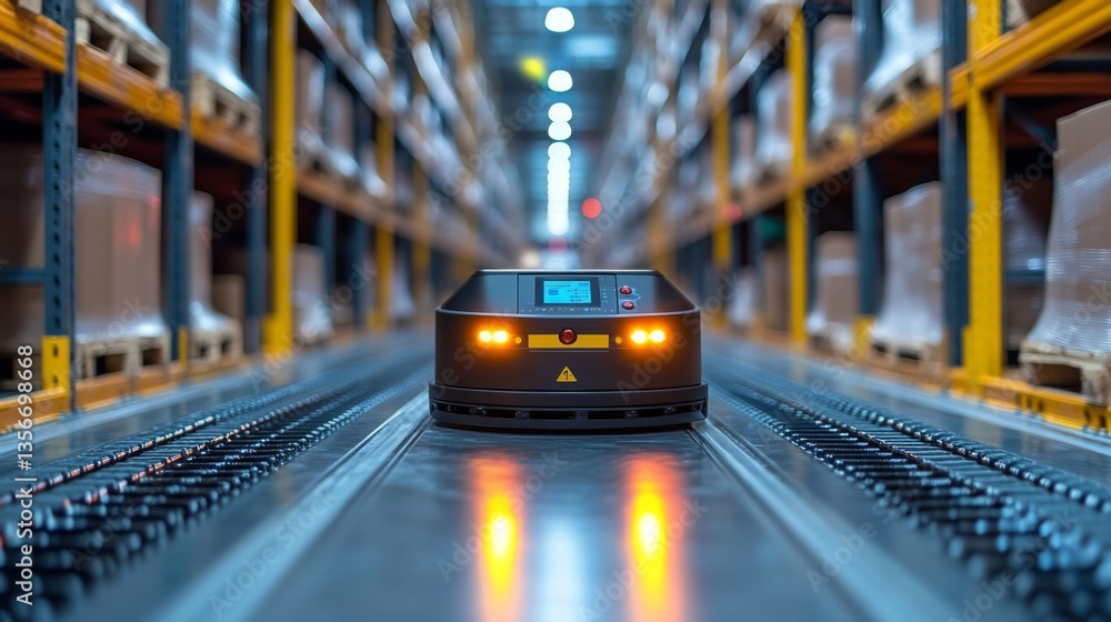 Poster Automated vehicle moves along a track in a warehouse, sorting and transporting items to improve distribution performance and optimize storage space usage.