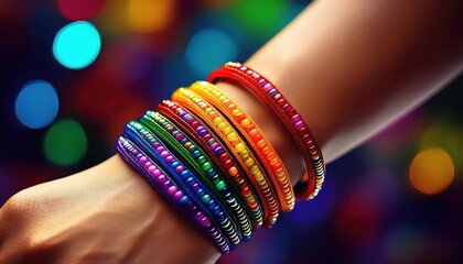 A hand with colorful bangles embodies unity and celebration during pride festivities.