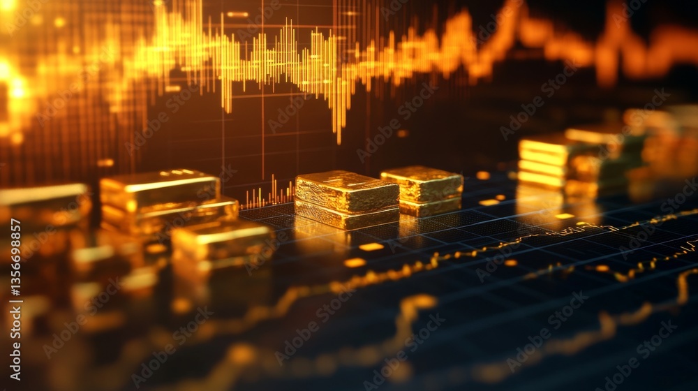Poster A close-up of a gold price chart displayed on a computer screen, showing fluctuating data and trends with gold bars in the background, emphasizing market analysis.