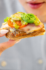 Toasted bread topped with melted cheese, ham, fresh tomatoes, green sauce, and a basil leaf, held in hand. Perfect for food styling or culinary art concepts