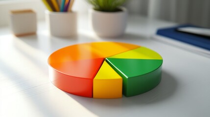 A close-up of a financial pie chart on a printed report, with distinct color segments representing different financial categories, placed on a clean white desk.