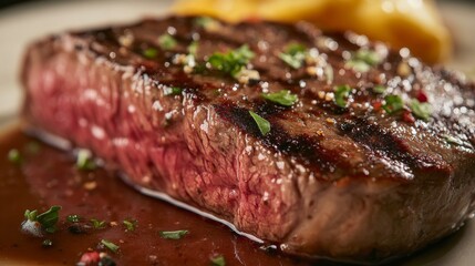A close-up of a juicy steak with a beautifully seared crust and tender interior, garnished with fresh herbs and accompanied by a rich sauce.